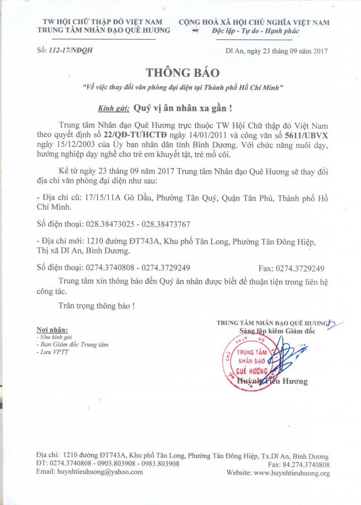 THÔNG BÁO THAY ĐỔI ĐỊA CHỈ VĂN PHÒNG ĐẠI DIỆN TẠI THÀNH PHỐ HỒ CHÍ MINH